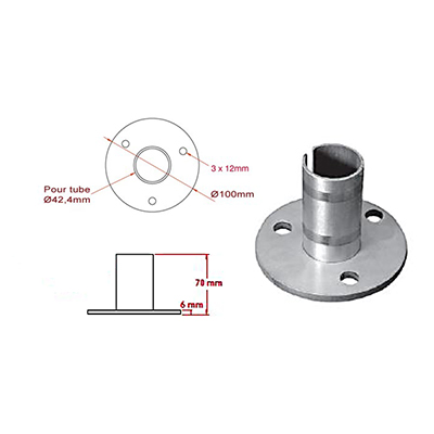 Embase platine en inox 304 pour tube �42,4mm int�rieur � visser au sol